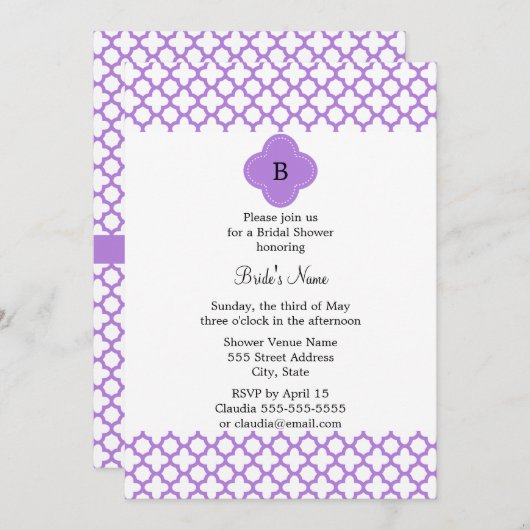 Monogram Lavender Quatrefolienmuster Einladung (Vorne/Hinten)