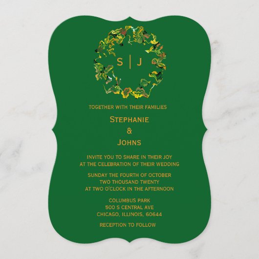 Monogram Leaf Crest Orange Forest Green Wedding Einladung (Vorderseite)