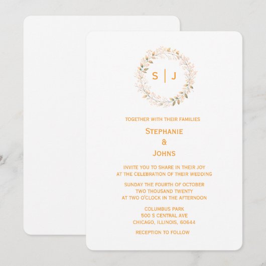 Monogram Leaf Crest Orange White Classy Wedding Einladung (Vorne/Hinten)