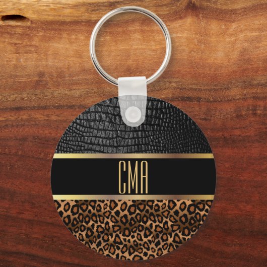 Monogram Leather and Leopard Pattern Schlüsselanhänger (Vorderseite)