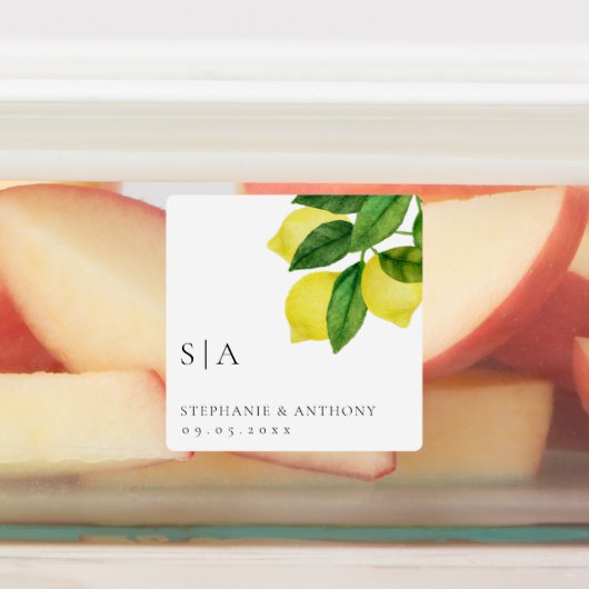 Monogram Lemon Citrus Branch Greenerity Wedding Etiketten (Befestigt)