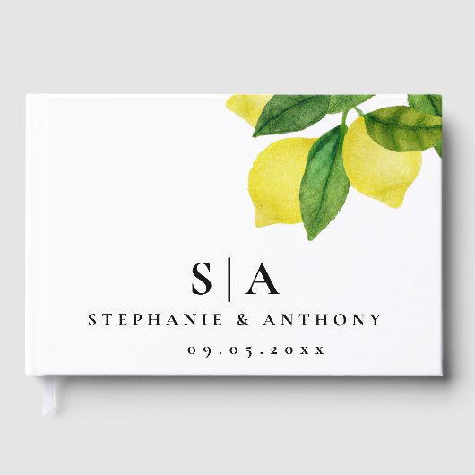 Monogram Lemon Citrus Branch Greenerity Wedding Gästebuch (Vorderseite)