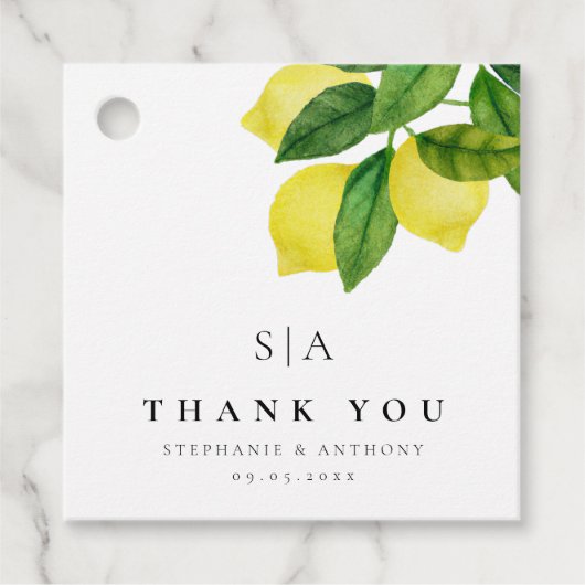 Monogram Lemon Citrus Branch Greenerity Wedding Geschenkanhänger (Vorderseite)