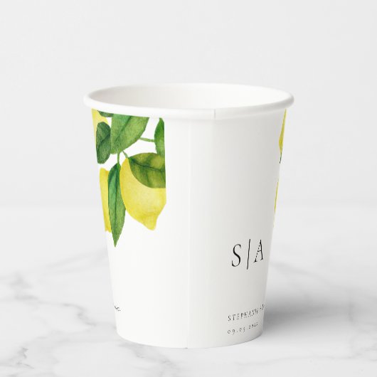 Monogram Lemon Citrus Branch Greenerity Wedding Pappbecher (Rechts)