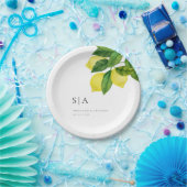 Monogram Lemon Citrus Branch Greenerity Wedding Pappteller (Party)