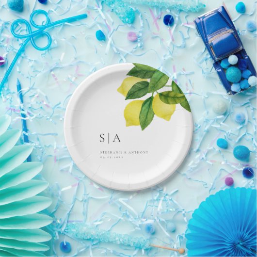 Monogram Lemon Citrus Branch Greenerity Wedding Pappteller (Party)