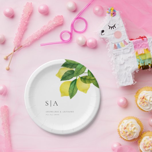 Monogram Lemon Citrus Branch Greenerity Wedding Pappteller (Party)