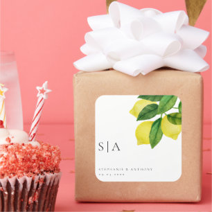 Monogram Lemon Citrus Branch Greenerity Wedding Quadratischer Aufkleber