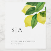 Monogram Lemon Citrus Branch Greenerity Wedding Weinetikett (Einzelnes Label)