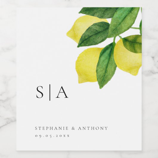 Monogram Lemon Citrus Branch Greenerity Wedding Weinetikett (Einzelnes Label)