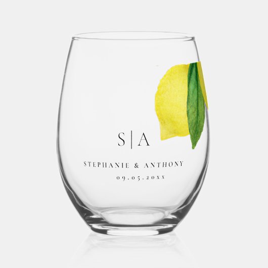 Monogram Lemon Citrus Branch Greenerity Wedding Weinglas Ohne Stiel (Vorderseite)