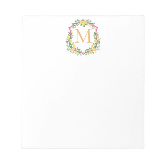 Monogram Lemon Wappen, Pink & Orange Custom Notizblock (Vorderseite)