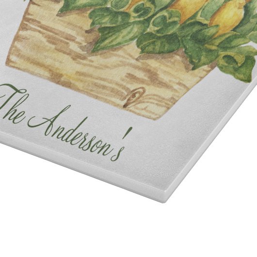 Monogram Lemons in einem schwarzen Blätter Schneidebrett (Ecke)