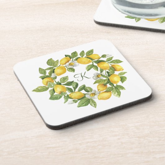 Monogram Lemons Wreath Green Yellow Getränkeuntersetzer (Linke Seite)
