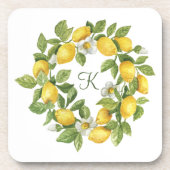 Monogram Lemons Wreath Green Yellow Getränkeuntersetzer (Vorderseite)