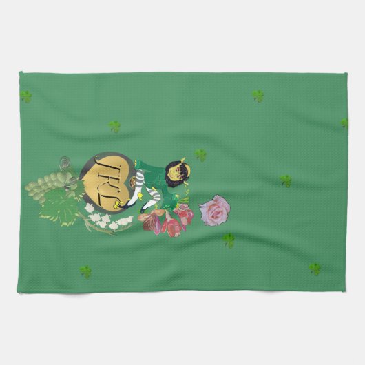 Monogram Leprechaun Green Fruit and Floral Geschirrtuch (Horizontal)