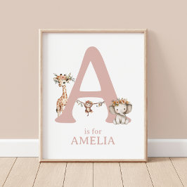 Monogram Letter A Boho Safari Animal Kinderzimmer Poster