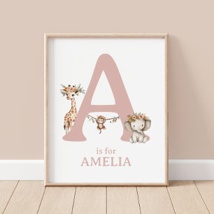 Monogram Letter A Boho Safari Animal Kinderzimmer Poster