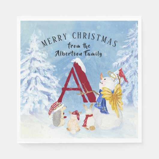 Monogram Letter A Frohe Weihnachts Angel Snowman Serviette (Vorderseite)