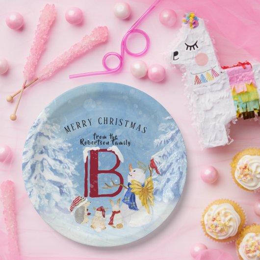 Monogram Letter B Angel Snowman Frohe Weihnachten Pappteller (Party)