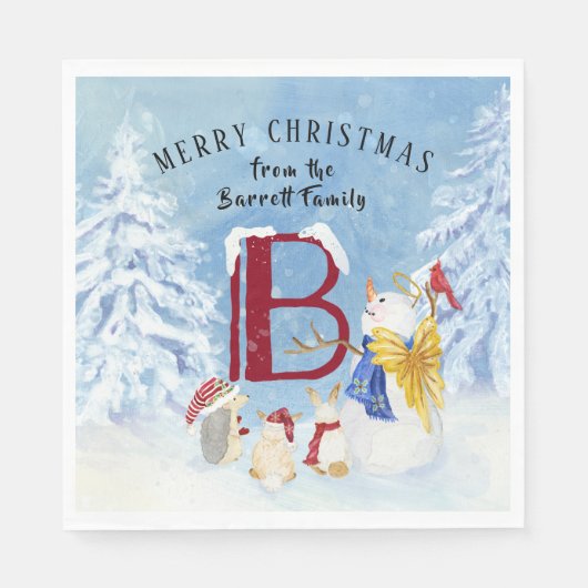 Monogram Letter B Angel Snowman Frohe Weihnachten Serviette (Vorderseite)