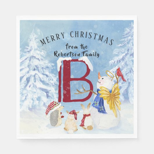 Monogram Letter B Angel Snowman Frohe Weihnachten Serviette (Vorderseite)