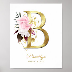 Monogram Letter B Gold Foil & Pink Floral Kinderzi Poster