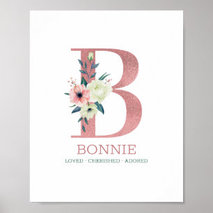 Monogram Letter B Pink Watercolor Floral Kinderzim Poster