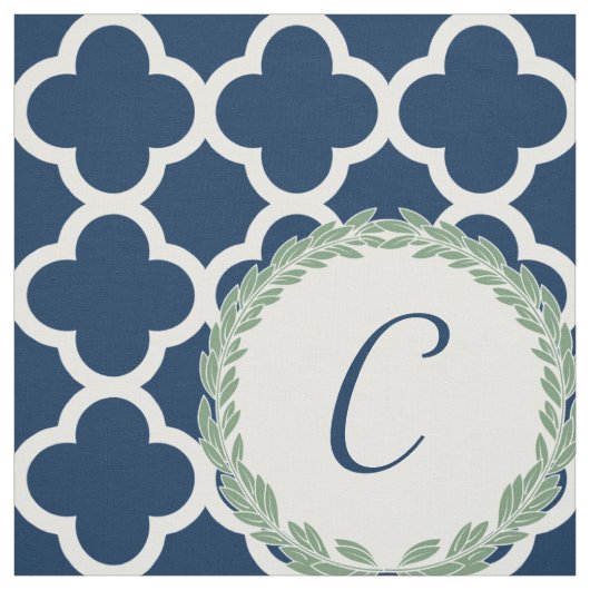 Monogram Letter Blue mit grünem Kranzquatrefolie Stoff (Muster)