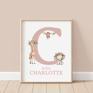Monogram Letter C Boho Safari Animal Kinderzimmer  Poster