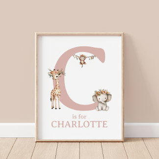 Monogram Letter C Boho Safari Animal Kinderzimmer  Poster