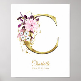 Monogram Letter C Gold Foil & Pink Floral Kinderzi Poster