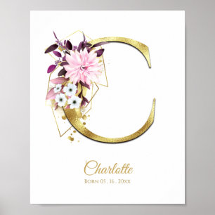 Monogram Letter C Gold Foil & Pink Floral Kinderzi Poster
