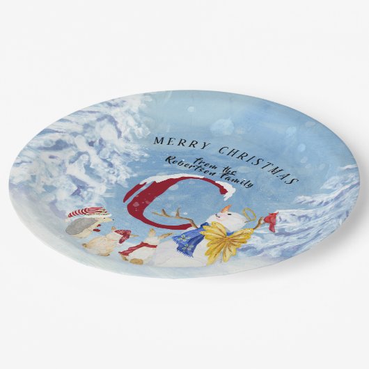 Monogram Letter C Snowy Christmas Angel Snowman Pappteller (Schrägansicht)