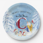 Monogram Letter C Snowy Christmas Angel Snowman Pappteller (Vorderseite)