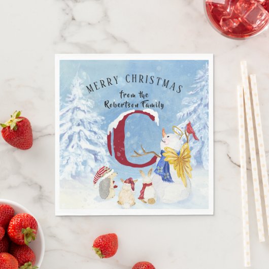 Monogram Letter C Snowy Christmas Angel Snowman Serviette (Beispiel)