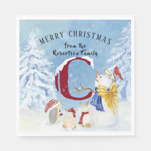 Monogram Letter C Snowy Christmas Angel Snowman Serviette (Vorderseite)