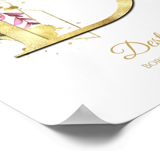 Monogram Letter D Gold Foil & Pink Floral Kinderzi Poster (Ecke)