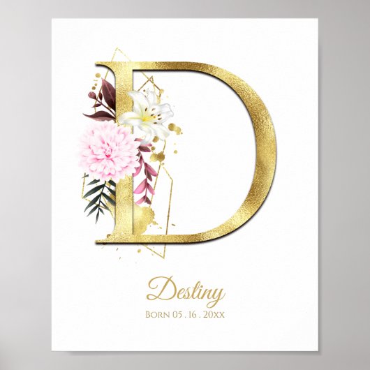 Monogram Letter D Gold Foil & Pink Floral Kinderzi Poster (Vorne)
