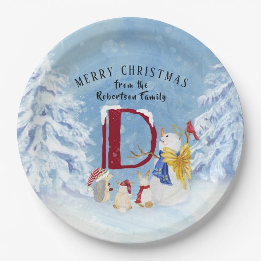 Monogram Letter D Niedlich Angel Snowman Weihnacht Pappteller (Vorderseite)
