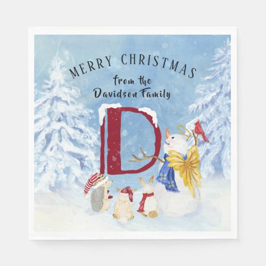 Monogram Letter D Niedlich Angel Snowman Weihnacht Serviette (Vorderseite)