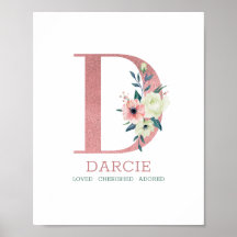 Monogram Letter D Pink Watercolor Floral Kinderzim