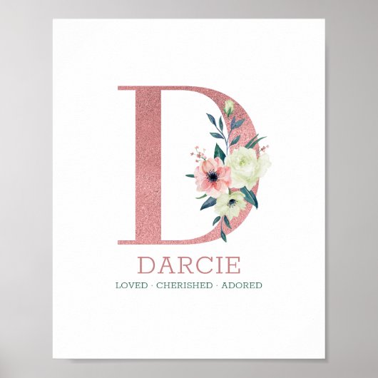 Monogram Letter D Pink Watercolor Floral Kinderzim Poster (Vorne)