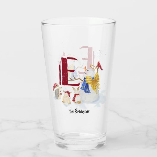 Monogram Letter E Christmas Snowman Angel Woodland Glas (Rückseite)