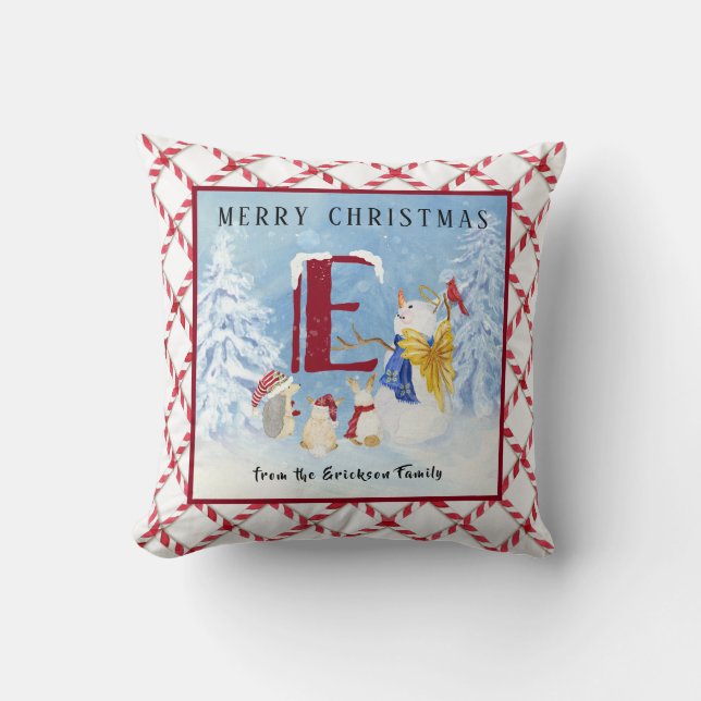 Monogram Letter E Christmas Snowman Angel Woodland Kissen (Vorderseite)
