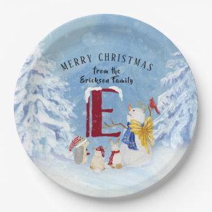 Monogram Letter E Christmas Snowman Angel Woodland Pappteller