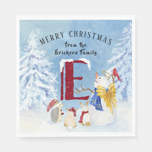 Monogram Letter E Christmas Snowman Angel Woodland Serviette (Vorderseite)