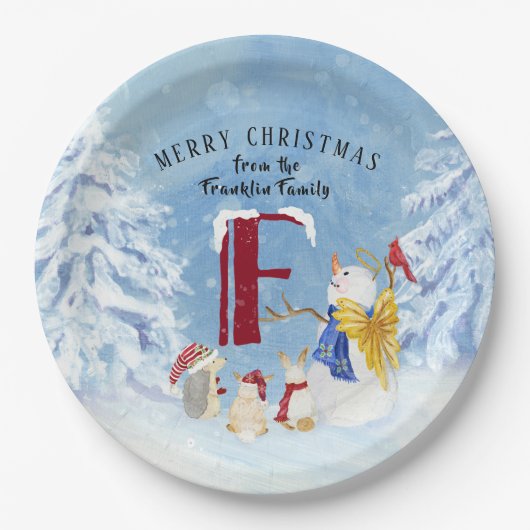 Monogram Letter F Adorable Angel Snowman Forest Pappteller (Vorderseite)