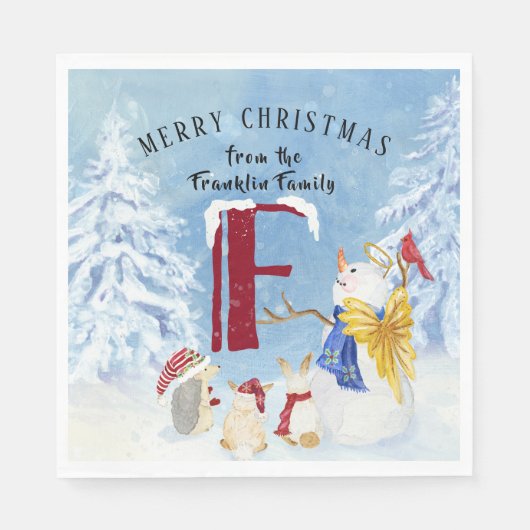Monogram Letter F Adorable Angel Snowman Forest Serviette (Vorderseite)