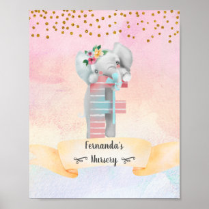 Monogram Letter F Baby Elephant Girl Kinderzimmer Poster